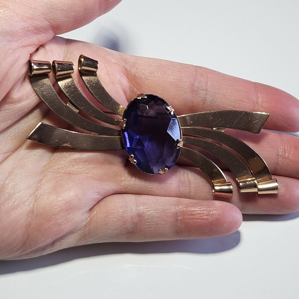 Vintage Coro Gold Over Sterling Vermeil Blue Rhinestone Ribbon Bow Brooch Pin